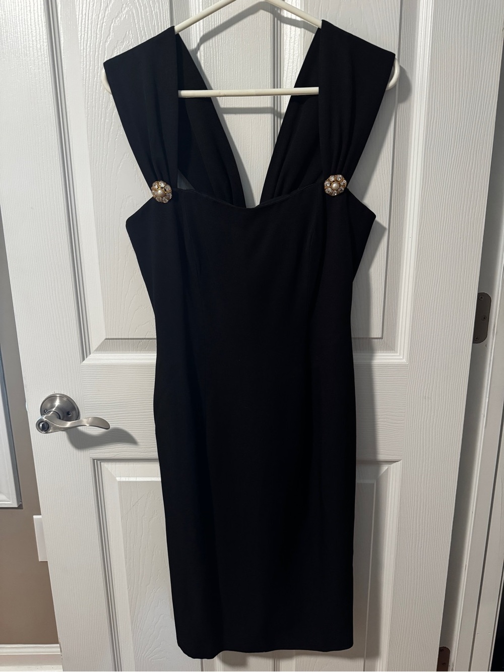 Pearl embellished black evening dress